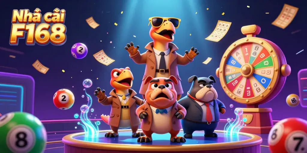 Experience the thrill with Nhà cái F168, featuring raptors and vibrant lottery elements in a casino scene.
