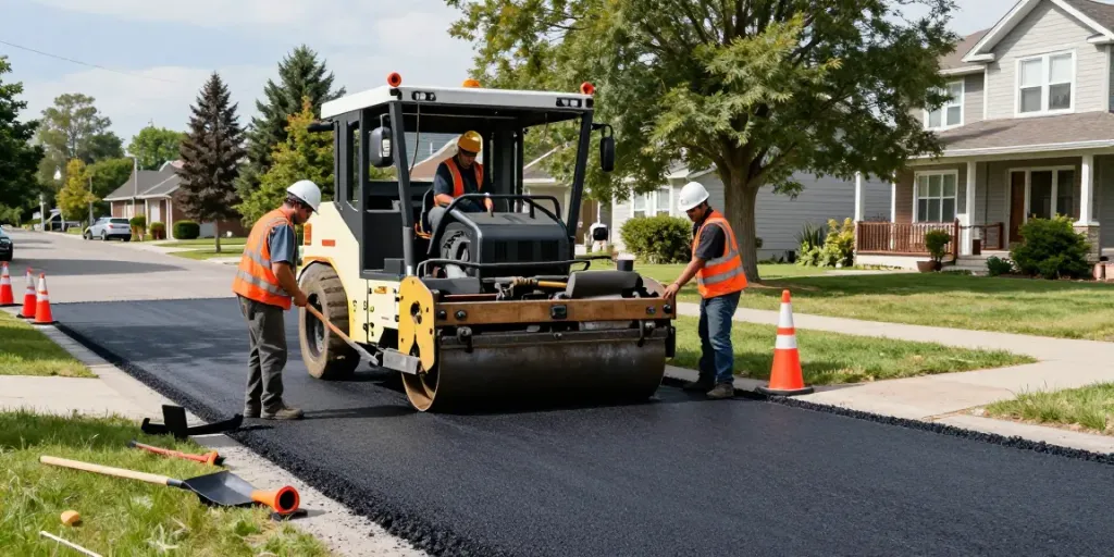 Asphalt paving company in Edmonton laying fresh asphalt on a residential driveway.