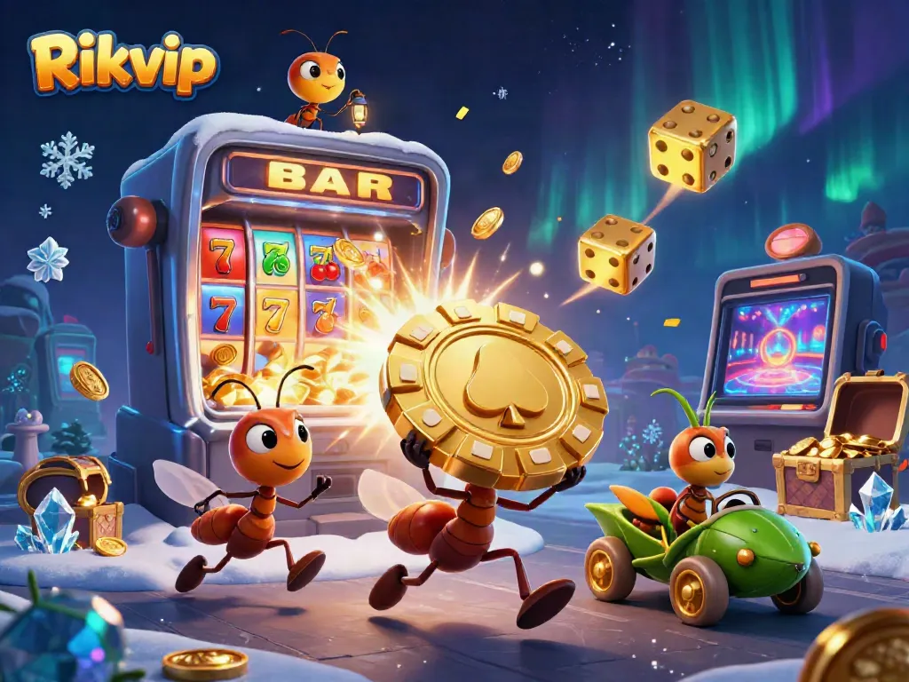 Experience the adventures of Rikvip as a team of ants transports a massive poker chip through a dynamic casino scene.