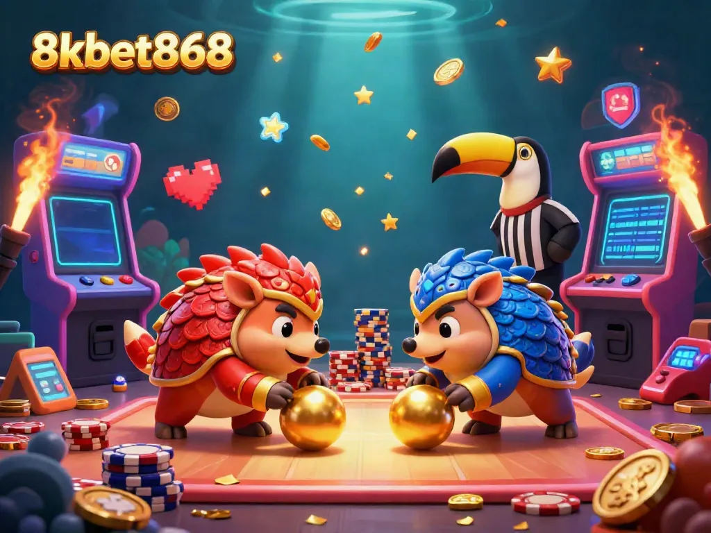 Experience thrilling gameplay with 8xbet868 as pangolins roll golden balls in a casino-inspired scene.