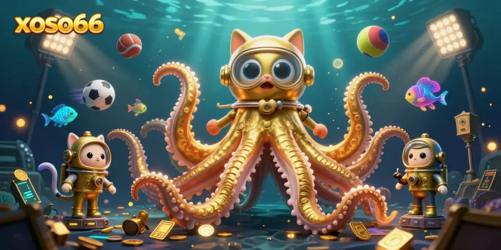 Experience the thrill of xoso66 with a kraken, diving cat, and vibrant sports elements.