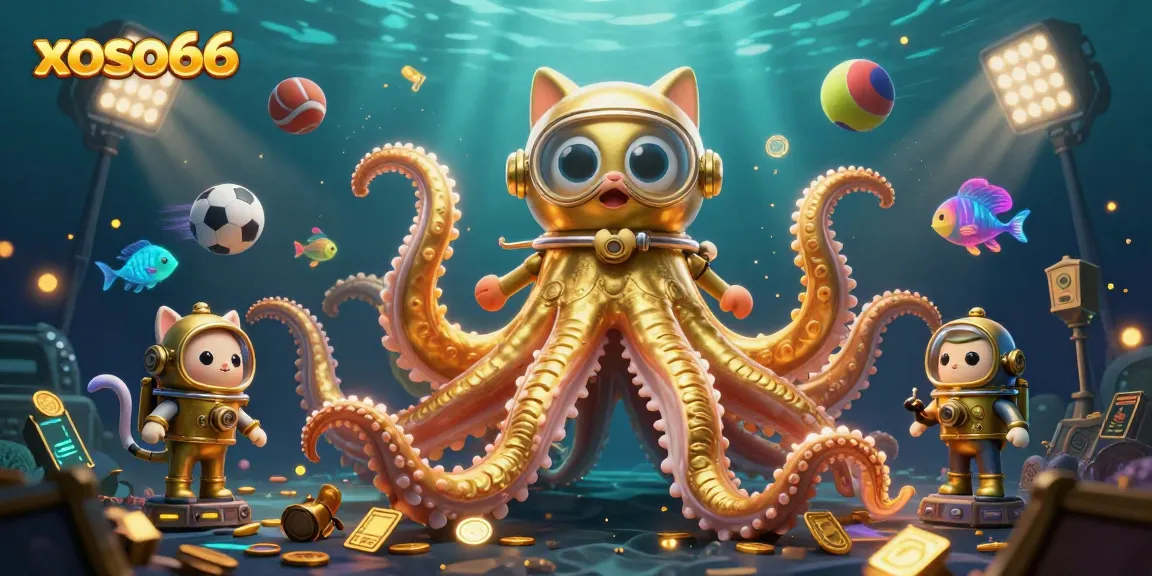 Experience the thrill of xoso66 with a kraken, diving cat, and vibrant sports elements.