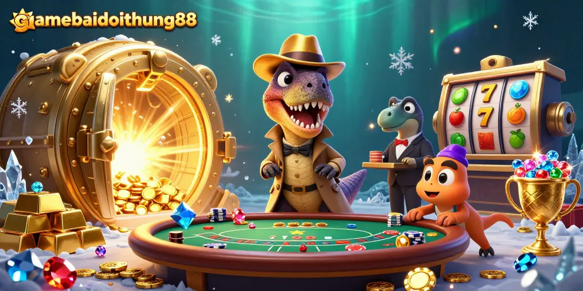 Experience thrilling casino action with gamebaidoithuong88 featuring cartoon dinosaurs at a blackjack table.