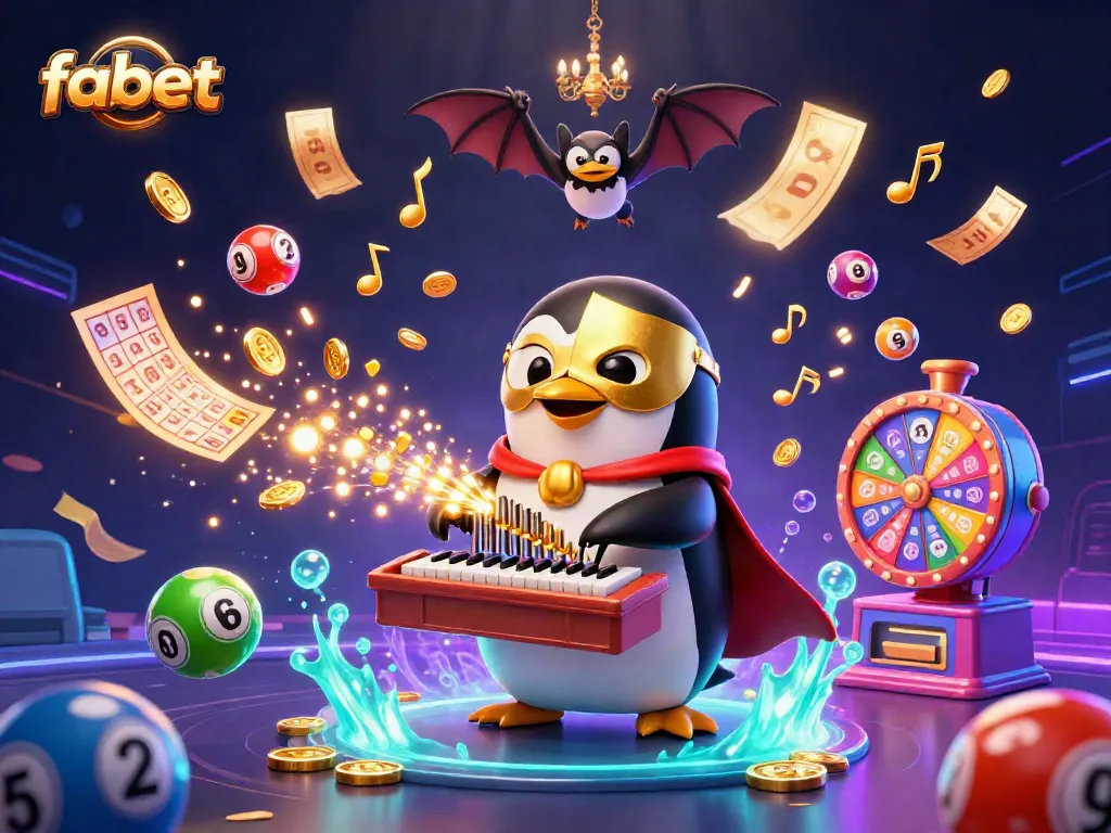 Experience the excitement at fabet with a vibrant casino scene featuring a penguin and dynamic game elements.