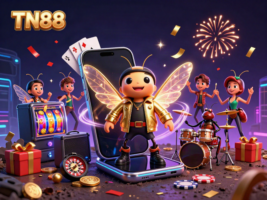 Experience the electrifying TN88 moment with a rock star cicada at a vibrant casino scene.