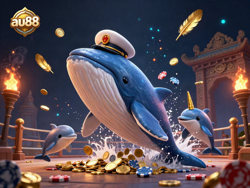 Engage in thrilling gameplay with au88, where a cartoon whale and narwhal bring luck in a colorful casino setting.