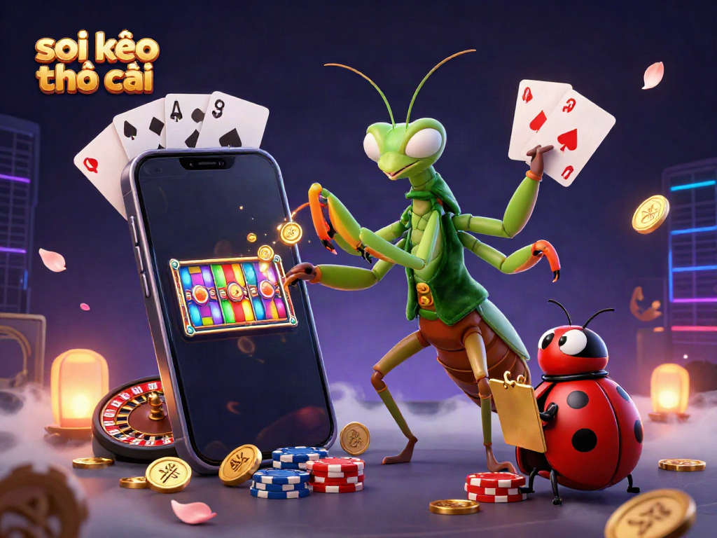 Soi kèo nhà cái with a cartoon mantis dealer and ladybug pit boss, surrounded by gaming elements.