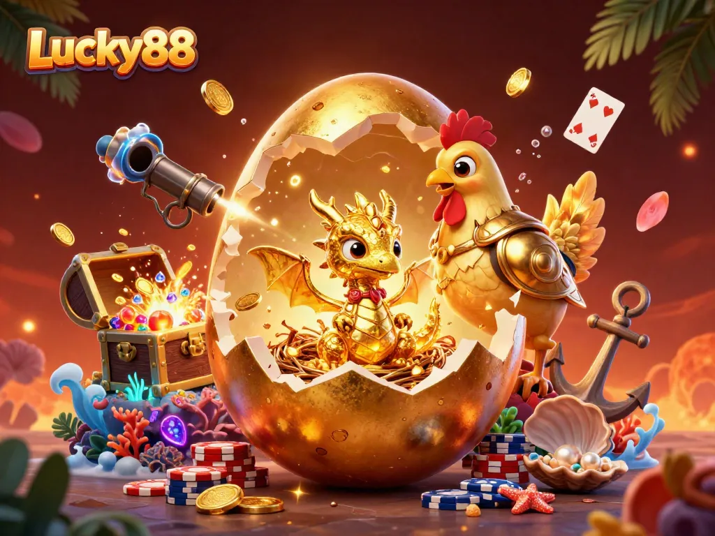 Engage with Lucky88's exciting gaming world featuring a golden dragon amidst casino treasures.