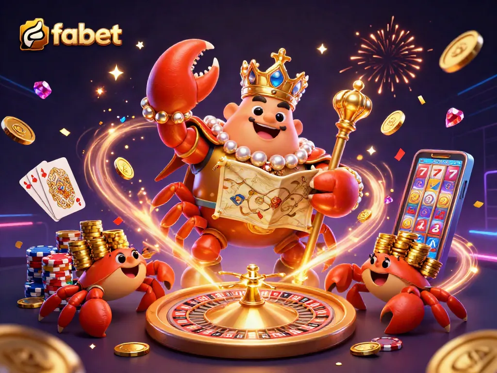 Experience thrilling wins with fabet, a vibrant 3D illustration showcasing a golden crab emperor amidst casino excitement.