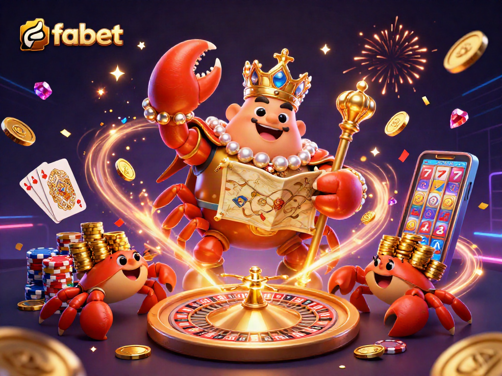 Experience thrilling wins with fabet, a vibrant 3D illustration showcasing a golden crab emperor amidst casino excitement.