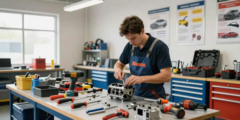 Technician using beta tools in a professional workshop environment showcasing precision and quality.