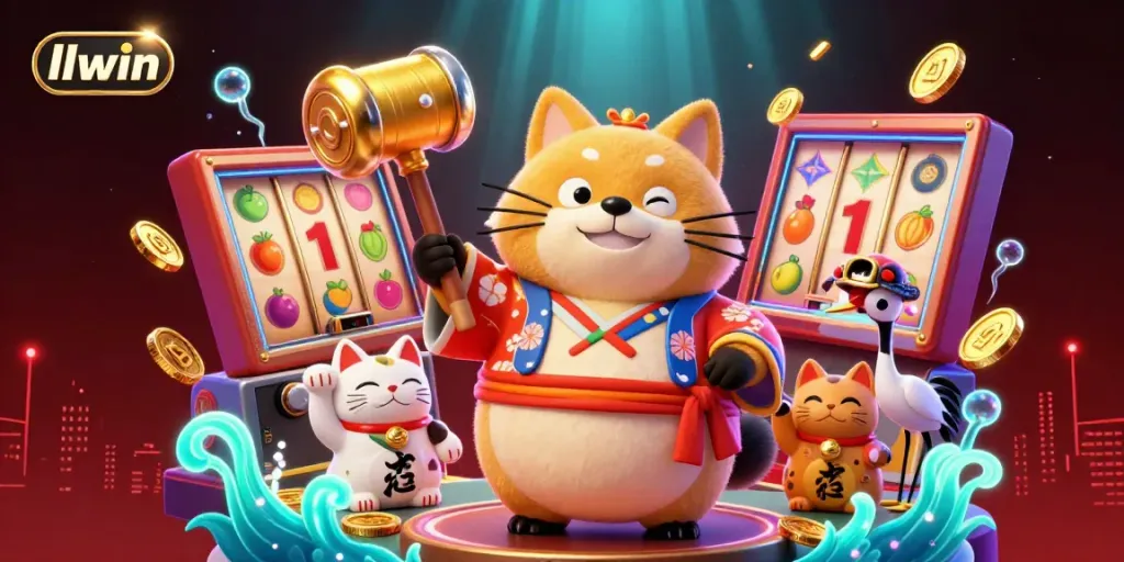 Experience thrilling gameplay at llwin with a 3D cartoon illustration filled with vibrant slot machines and lucky symbols.
