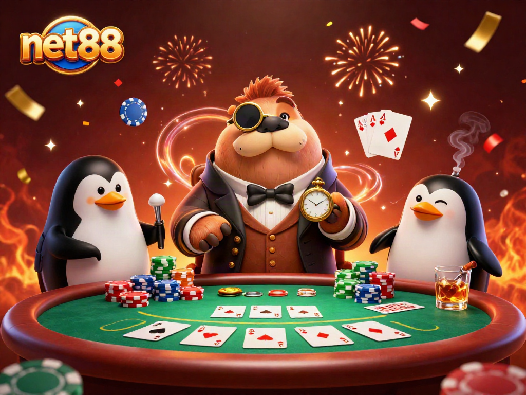 Engage in a thrilling poker game at net88 featuring a walrus, penguin dealer, and pufferfish in 3D.