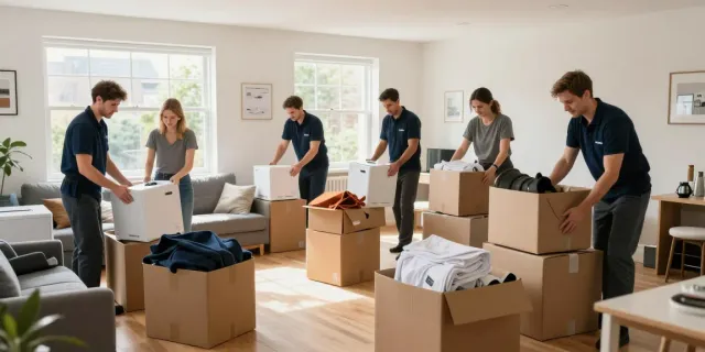 House Clearance Edinburgh - Professional team sorting through belongings in a bright living area with care and efficiency.