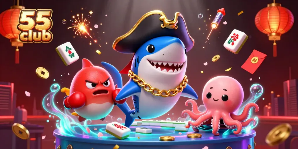 Experience thrilling online games at 55 club through this vibrant 3D illustration.