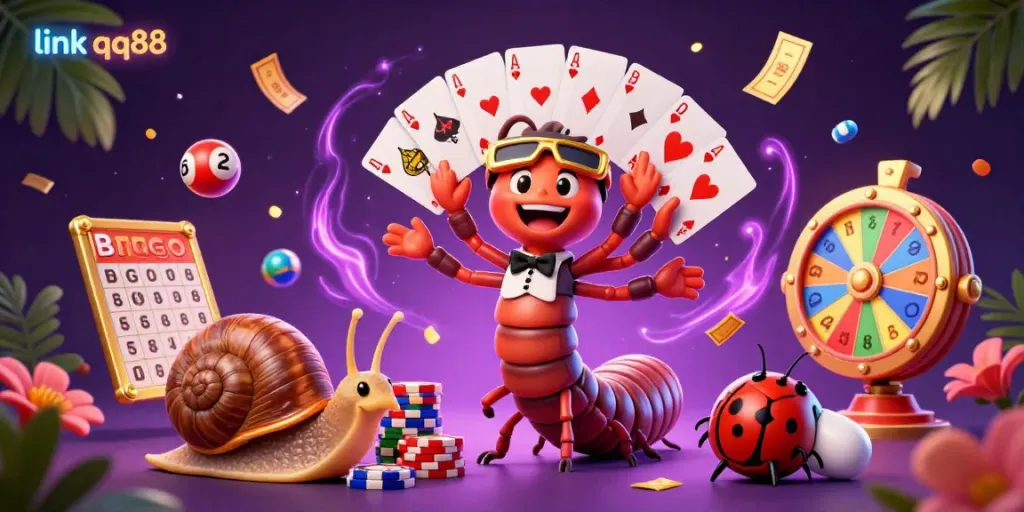 Experience the excitement of link qq88 with a whimsical dealer and vibrant game elements in this colorful illustration.