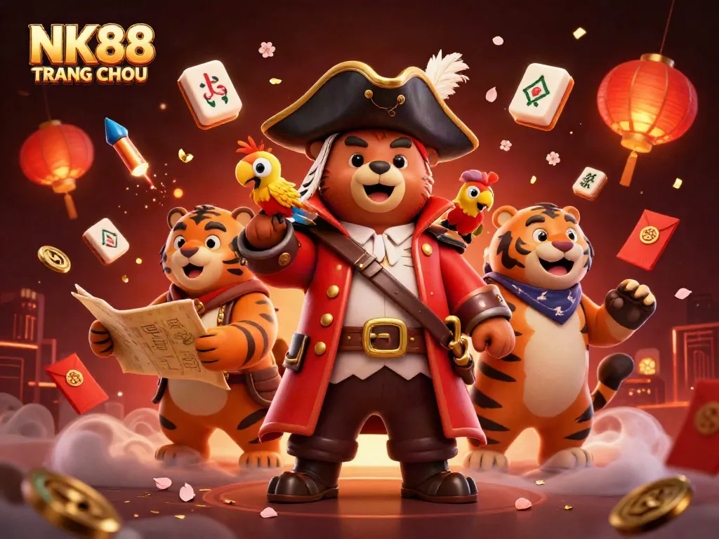 Engage with the exciting world of NK88 TRANG CHỦ, showcasing a pirate captain bear and tiger amidst vibrant casino-themed elements.