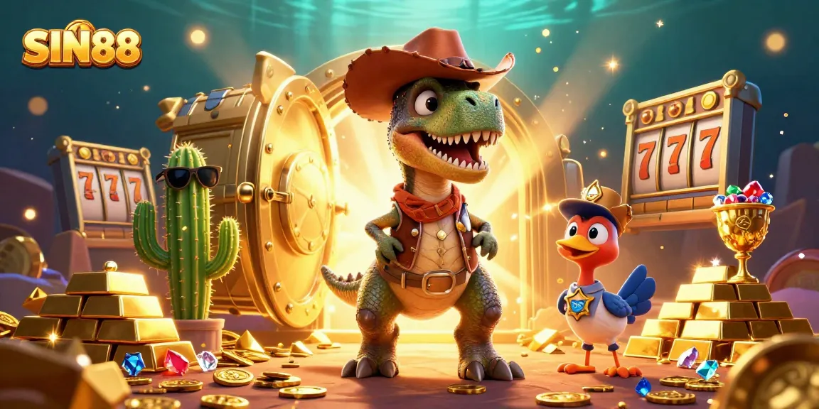 SIN88 features a lively scene with a T-Rex dinosaur and casino elements, showcasing excitement for online gambling.