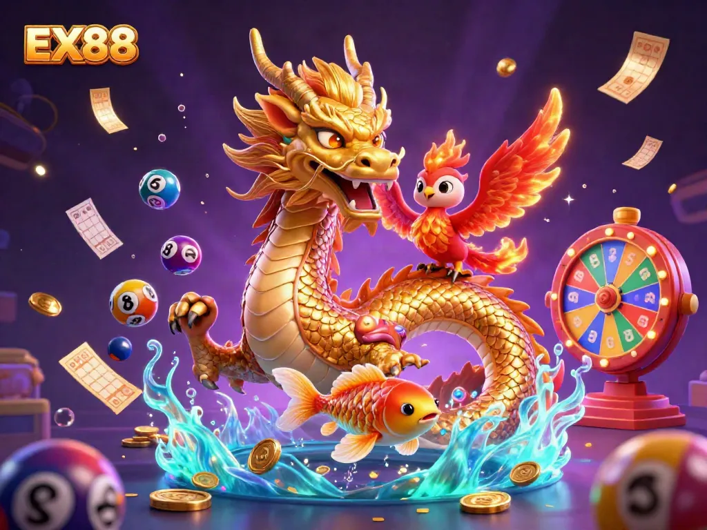 Engage in thrilling gaming action with EX88, featuring a dragon, phoenix, and koi fish amidst festive casino elements.