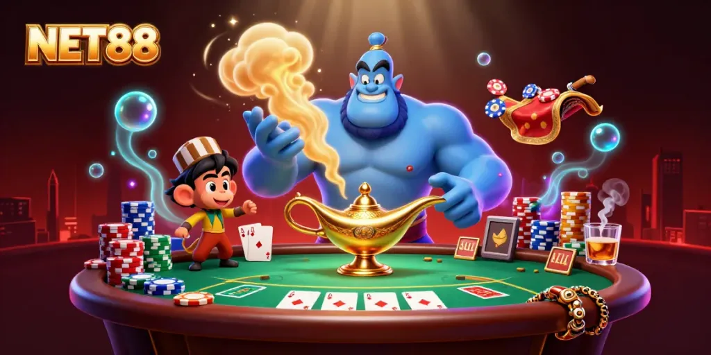 Engage with NET88 as a cartoon genie brings vibrant casino excitement to life through poker and gaming elements.
