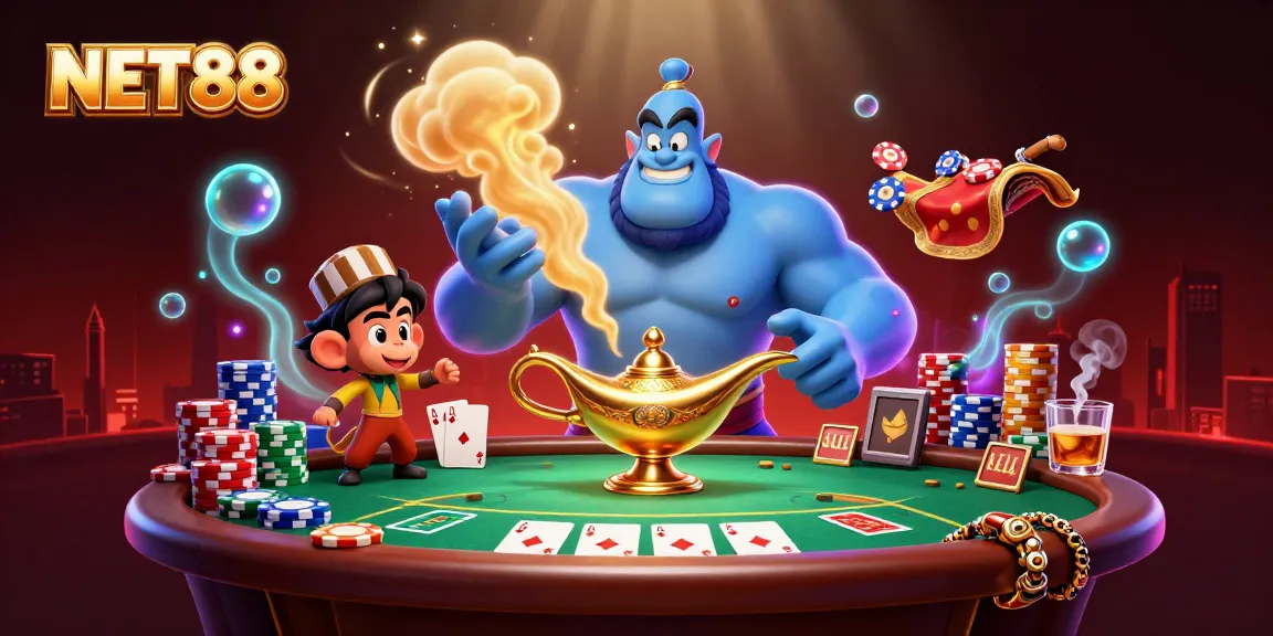 Engage with NET88 as a cartoon genie brings vibrant casino excitement to life through poker and gaming elements.