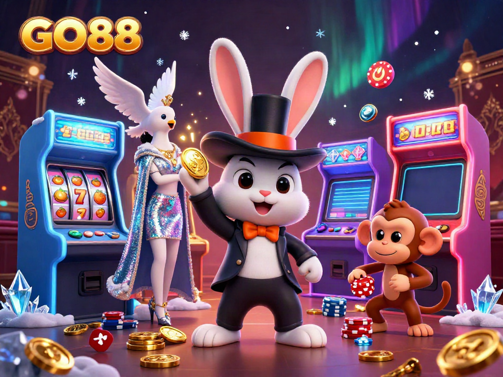 Experience the magic of GO88 with animated casino characters in a vibrant gaming scene.