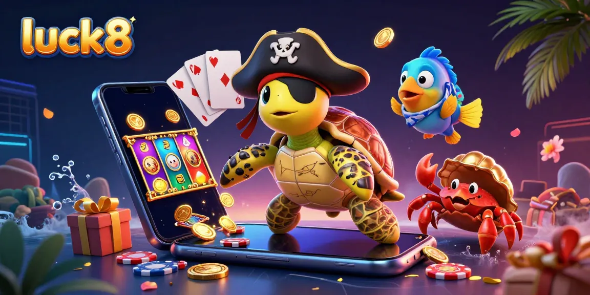 Experience exciting gambling with luck8 featuring a pirate turtle and treasure surrounded by slot games and poker