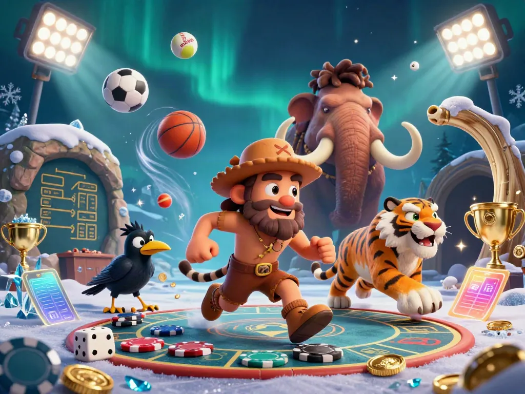 CakhiaTV features a vibrant prehistoric casino scene with dynamic sports elements and engaging characters.