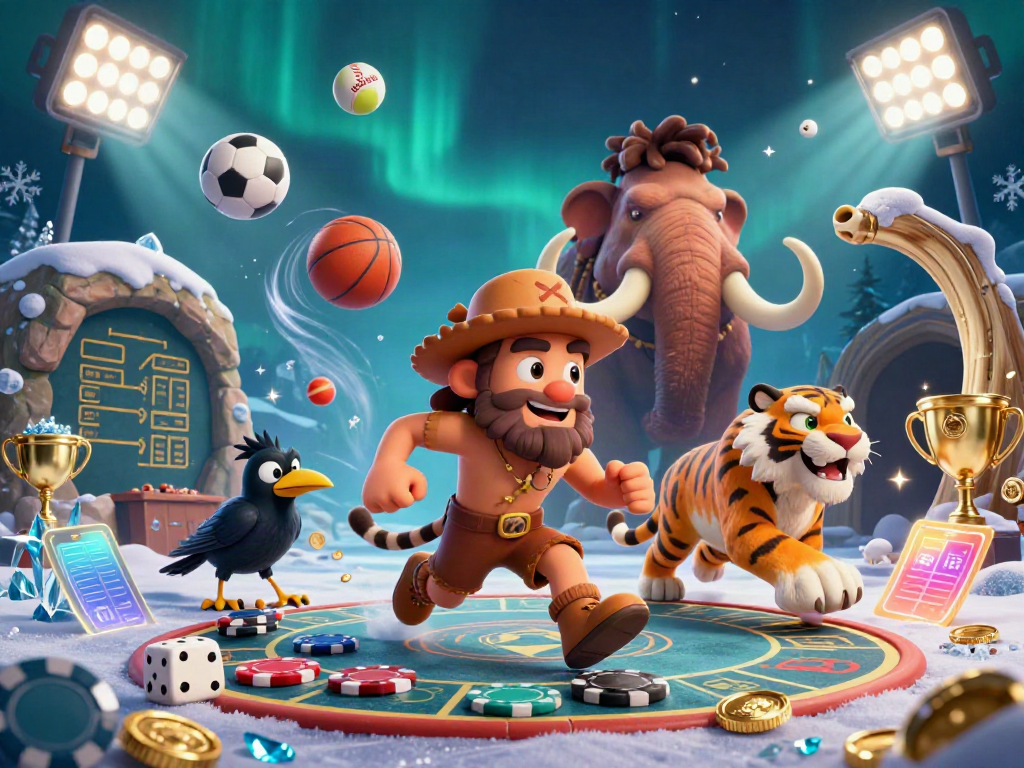 CakhiaTV features a vibrant prehistoric casino scene with dynamic sports elements and engaging characters.