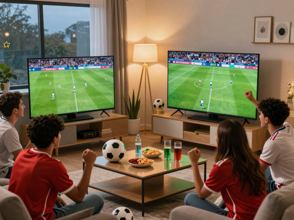 Socolive viewers enjoying a live soccer match in a lively setting with snacks and jerseys.