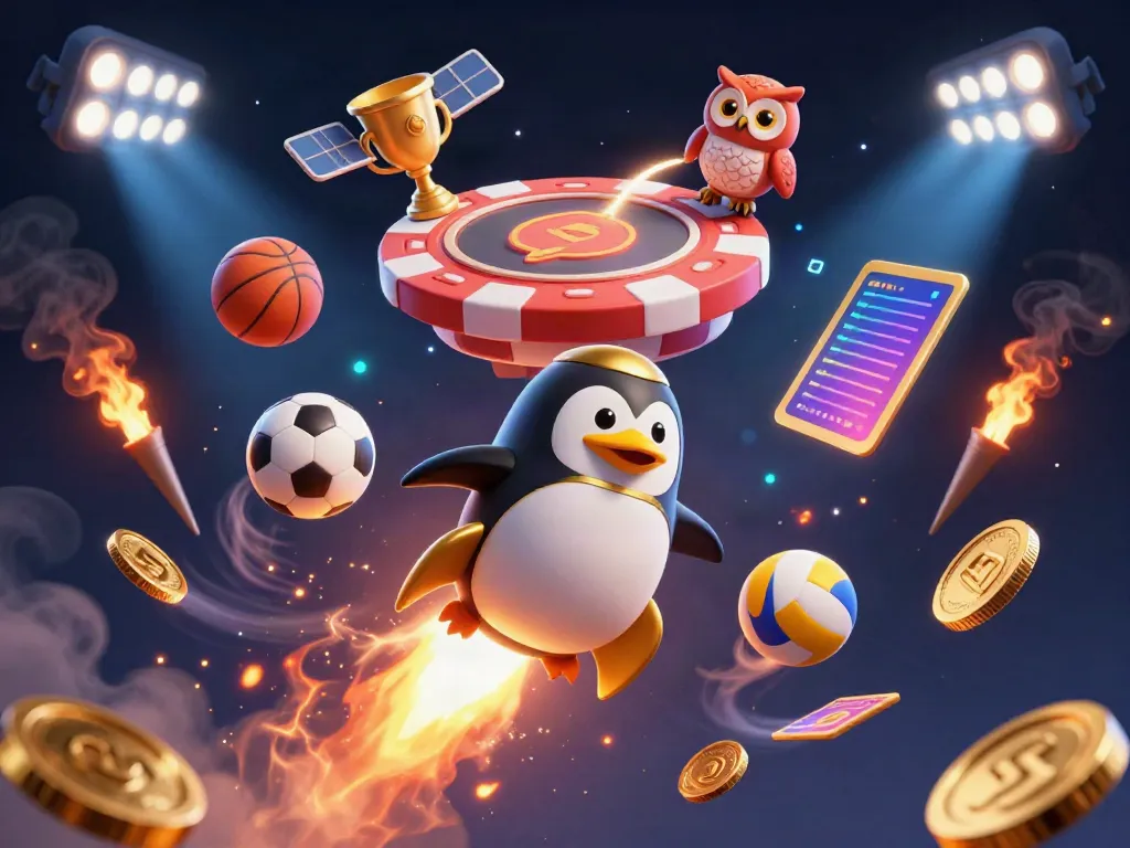E39 penguin rocket soaring to the casino in a dynamic sports-themed universe, with golden coins and balls.