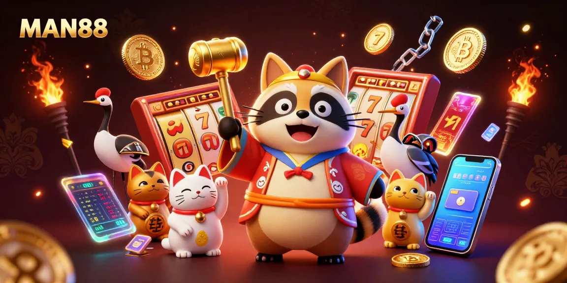 Experience the thrill at MAN88 with a joyful tanuki and vibrant gaming elements for luck!