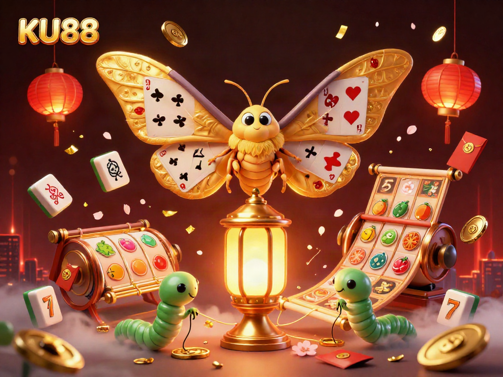 Experience thrilling gaming at KU88 with a vibrant scene featuring spinning slot reels and golden symbols of luck.