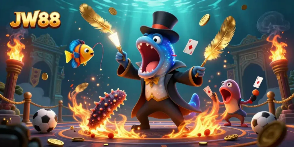 Engage with JW88's dynamic underwater gambling scene featuring unique characters and sports betting elements.