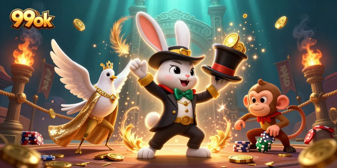 Experience thrilling wins at 99ok with magical rabbit, sparkling coins, and poker excitement.