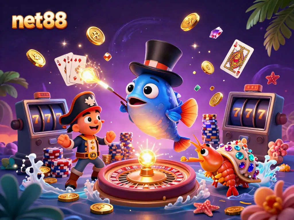 Engage with net88's thrilling casino scene, showcasing vibrant characters in a dynamic gambling environment.