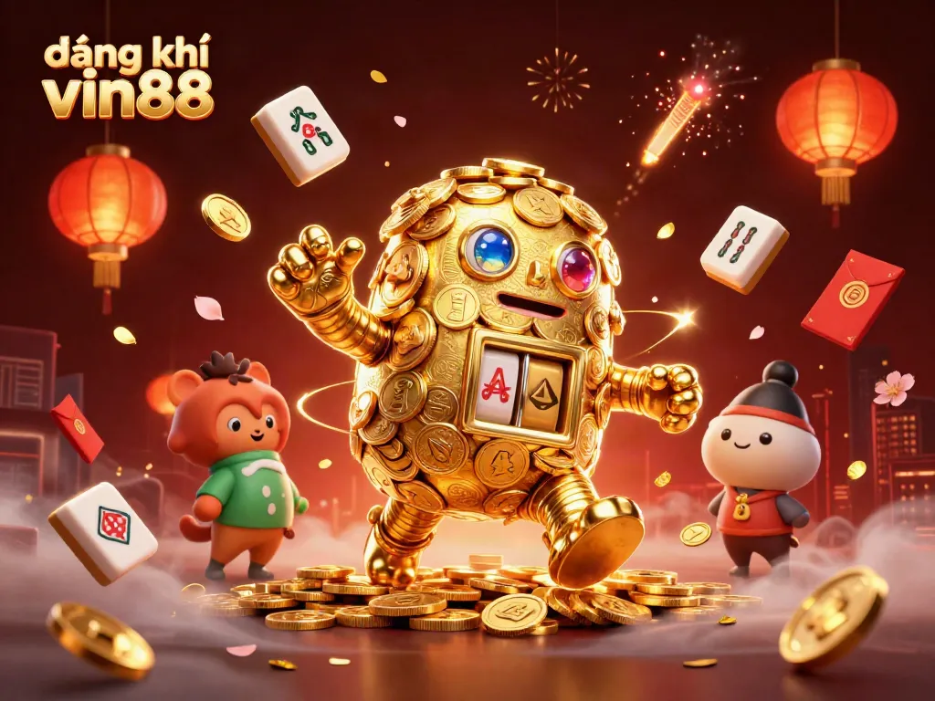 Experience đăng ký vin88 with a dynamic 3D casino scene showcasing a golden golem, mahjong tiles, and fireworks.