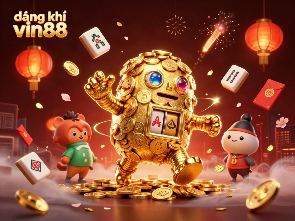Experience đăng ký vin88 with a dynamic 3D casino scene showcasing a golden golem, mahjong tiles, and fireworks.