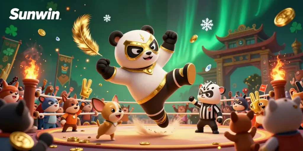 Watch the Sunwin panda wrestler kick and thrill a cheering crowd in this energetic casino scene.
