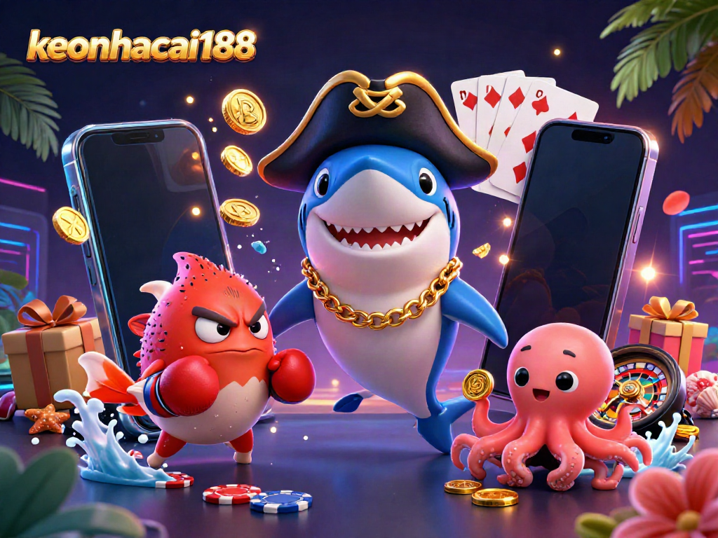 Experience vibrant gaming action with keonhacai188 featuring a pirate shark, pufferfish, and octopus in a 3D casino scene.