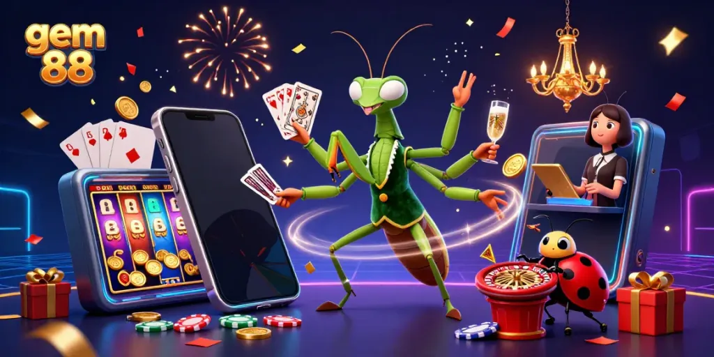 Experience thrilling games at gem 88 with vibrant 3D casino action and characters amidst celebratory effects.