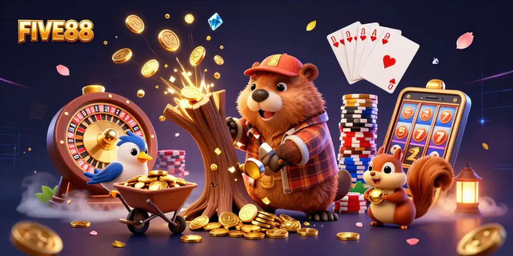 Experience winning at FIVE88 with the animated beaver, as golden coins rain down in this vibrant casino scene.