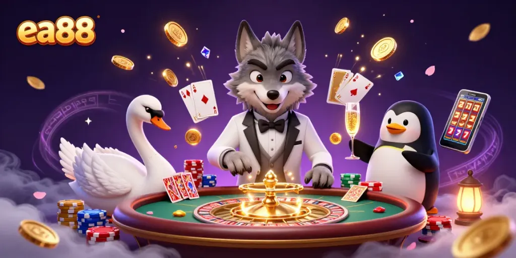 Experience the thrill of ea88 as a debonair wolf plays baccarat amid sparkling gems and coins.