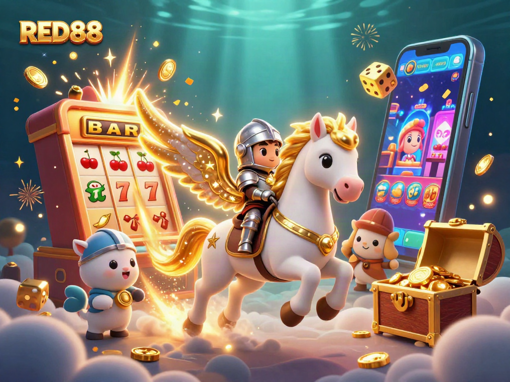 Experience the thrill of winning with RED88 in this vibrant casino adventure illustration.