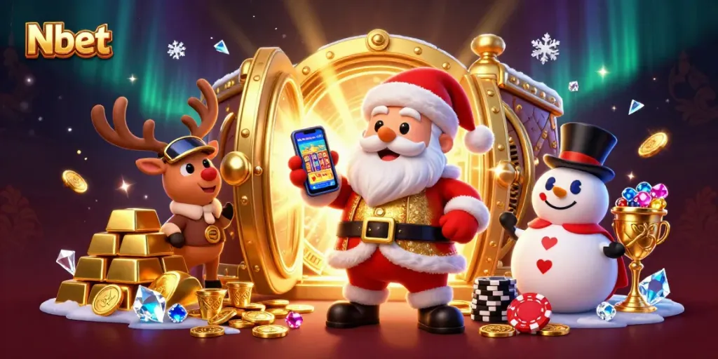 Spin the reels with Nbet as Santa and friends celebrate jackpot slots in a vibrant casino scene.