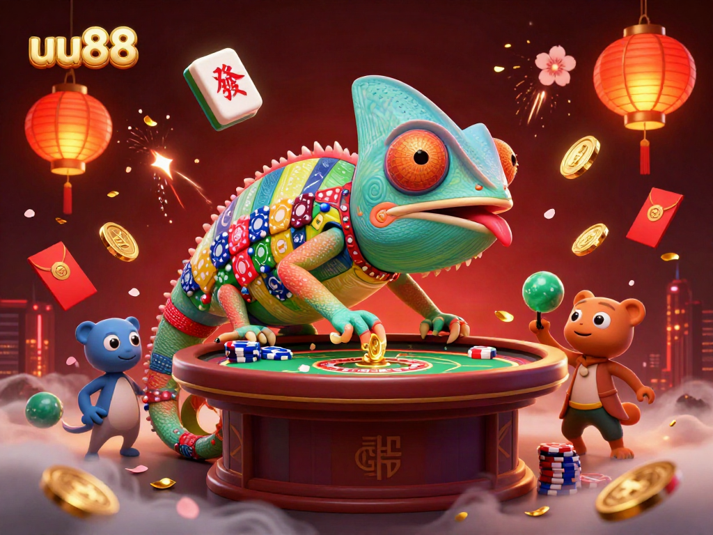 Engage with uu88's vibrant casino world, featuring festive chameleons and mahjong tiles.