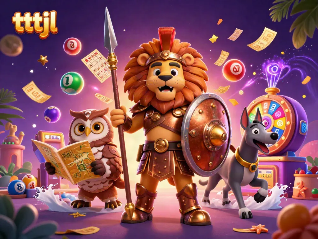 Experience excitement with tttjl's vibrant gambling scene featuring a Spartan lion surrounded by colorful lottery elements.