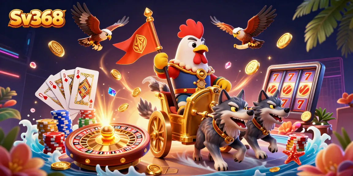 Engage with Sv368, where a rooster warlord leads a golden chariot in a vibrant casino landscape.