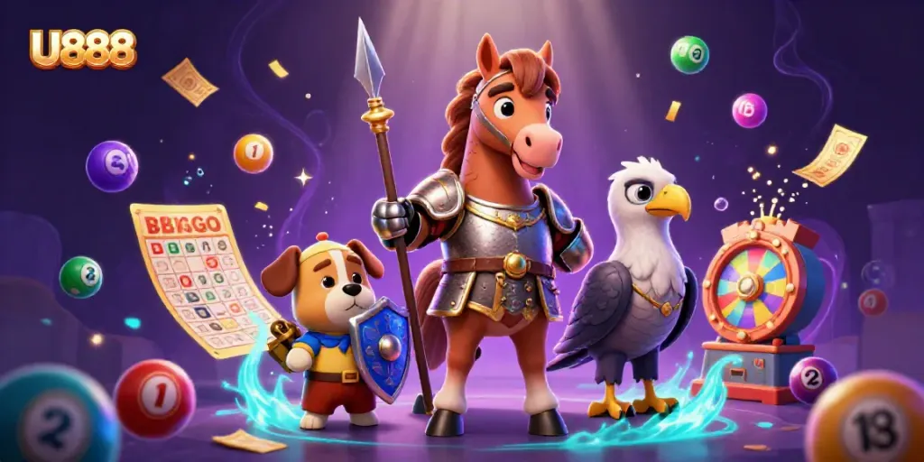 Experience excitement with U888 as a medieval knight and companions amidst vibrant casino elements.