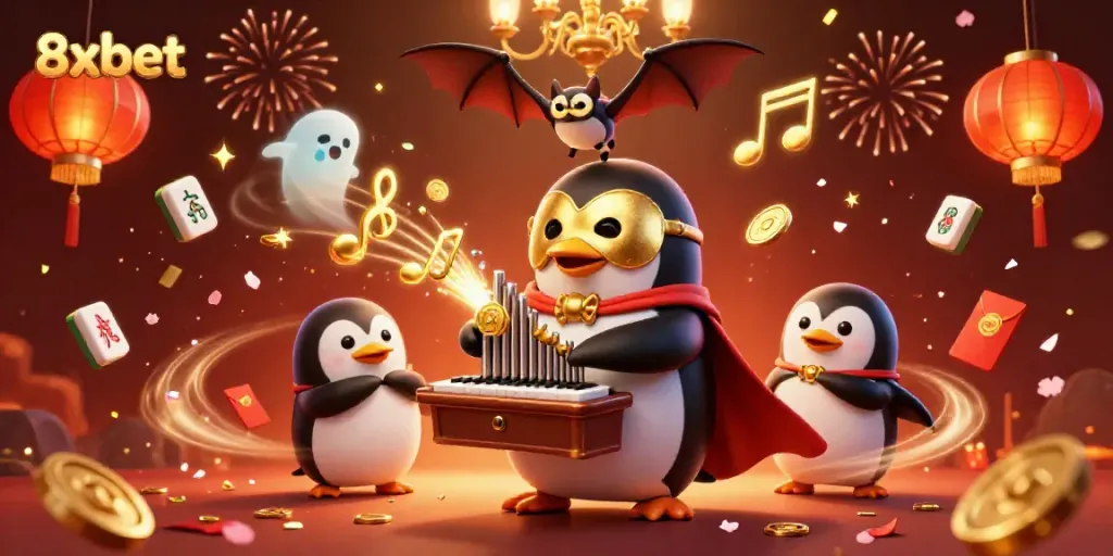 Join the excitement with 8xbet, featuring a vibrant casino scene with a penguin playing a golden pipe organ.